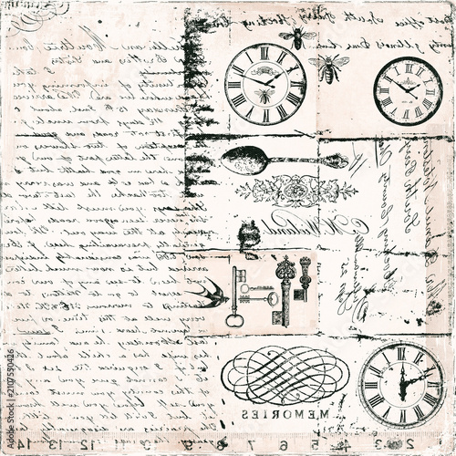 Vintage Collage with Clocks and Keys Background