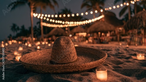 Sombrero on sandy beach at night with string lights