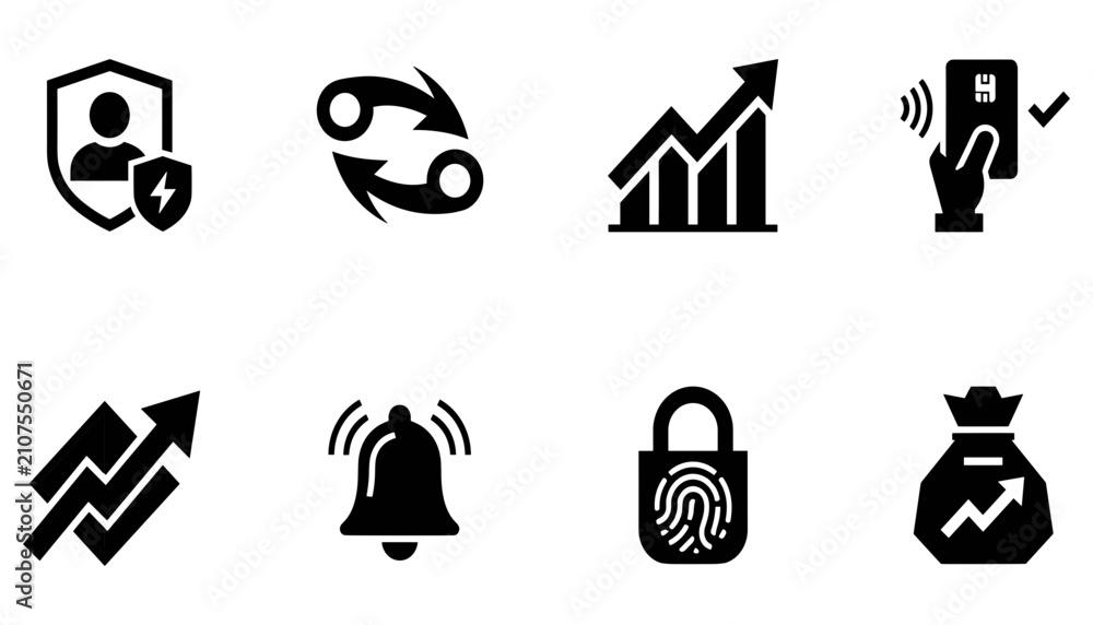 Obraz premium Fingerprint Security and Data Protection Icons Set, Including Analytics, Alarm, Shield, and Risk Management Si