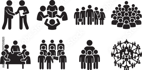 Set of black stick figure depicting various group interactions, meetings, crowds, social gatherings, and organizational structures