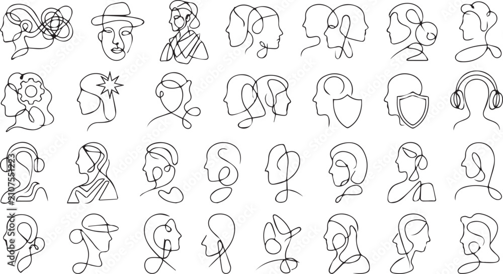 Fototapeta premium Set of continuous line featuring human profiles, heads, and abstract faces in a minimalist black and white style