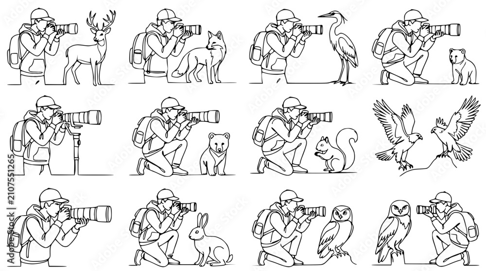 Obraz premium Wildlife photographer capturing nature with camera, set of line art illustrations