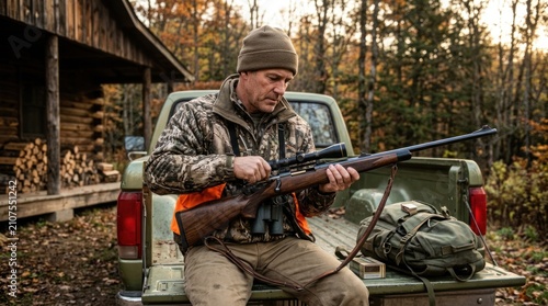 A mature man sits on the bed of a pickup truck, carefully cleaning a rifle. He wears camouflage clothing and a beanie.