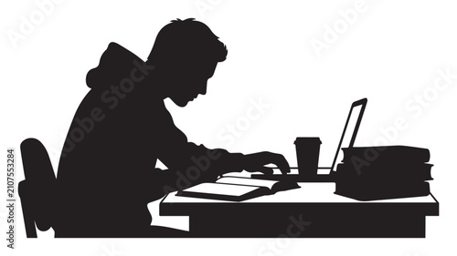 Bild auf Leinwand Silhouette of a student studying at a desk with a laptop