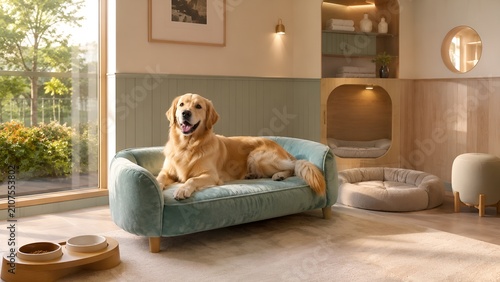 Happy Golden Retriever lying on a sofa in a modern cozy pet-friendly living room