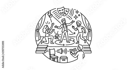 Obraz na plátně Modern Black and White Line Drawing of a Theater Performance with Actors and Aud