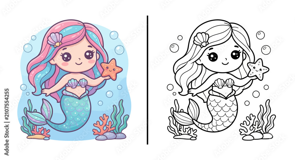 Obraz premium Cute kawaii mermaid kids coloring worksheet vector