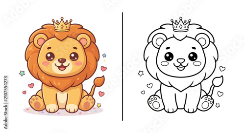 Cute kawaii lion king kids coloring page vector