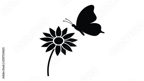 Butterfly silhouette lands on a simple flower in this clean black and white graphic illustration.