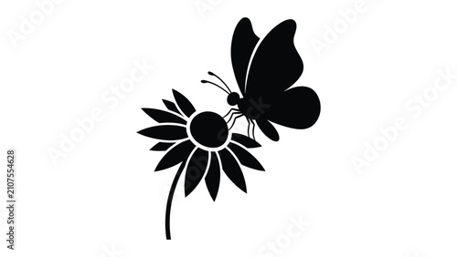 Butterfly rests on a daisy head in this clean black and white graphic icon design.