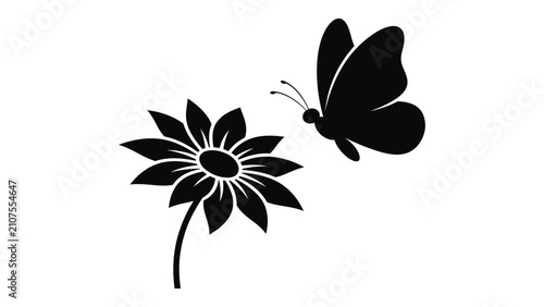 Butterfly approaches a blooming flower in a simple black and white vector illustration.