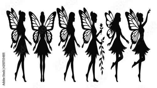 Obraz na płótnie Fairies depicted as delicate black silhouettes are displayed in a series of six distinct poses
