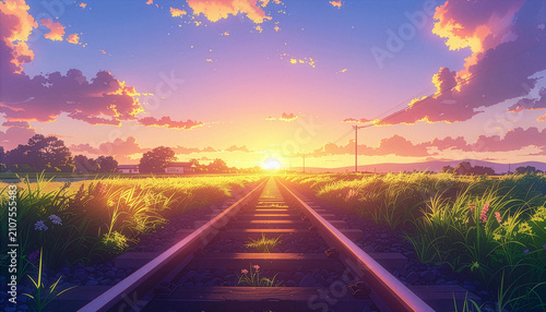 夕暮れのノスタルジックな空とどこまでも続く線路のイラスト背景（アニメ風・風景・夕日）