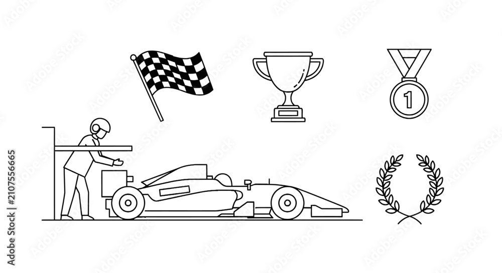 Obraz premium Formula 1 Racing Icons: Car, Pit Stop, Trophy, Medal, Flag, Laurel Wreath