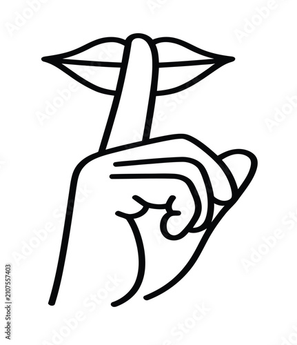 Shushing gesture line art illustration with hand and index finger on lips symbolizing silence and confidentiality