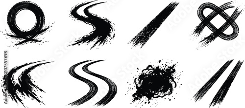 Schilderij op canvas Set of black and white grunge tire track marks and skid marks for automotive des