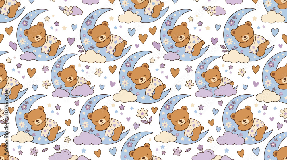 Fototapeta premium Cute Teddy Bear Sleeping on Moon Pattern