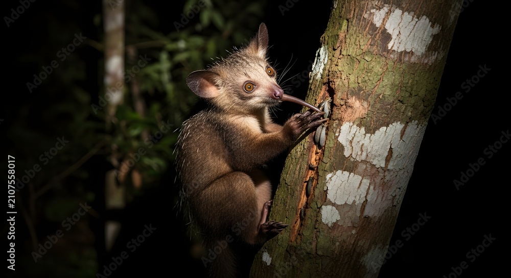 Naklejka premium Unique nocturnal Aye-aye primate foraging for insects on tree bark in dark forest
