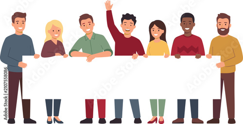 A group of happy diverse people standing together and holding a large blank white banner vector cartoon illustration
