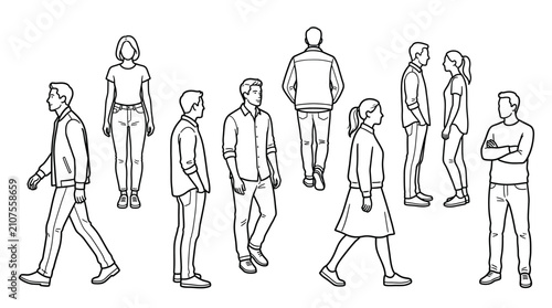 Set of architectural scale figures line art people standing walking talking outline characters illustration vector