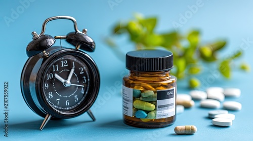 Vintage black alarm clock with capsules, tablets and medicine bottle on solid light blue background, on-time medication reminder healthcare poster PPT design material