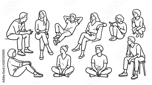 Group of diverse children sitting in a circle minimalist outline drawing for educational concept