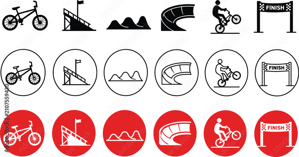 Obraz premium BMX bike racing icons set, extreme sports bicycle stunt symbols, 18 vector elements for mountain biking and dirt jump competitions