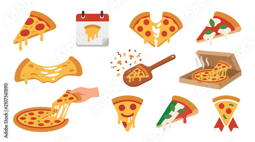 Photography Collection of delicious pizza slices and whole pizzas with melted cheese, presented in various fun and appetizing ways