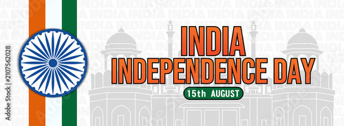 Canvastavla Modern India Independence Day banner with a vertical tricolor stripe, large Ashoka Chakra, bold typography, and gray Red Fort backdrop