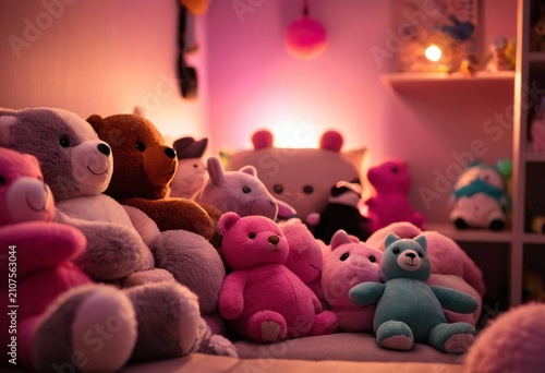 Cozy collection of adorable plush toys in a warm, softly lit room setting