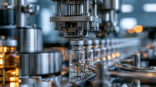 Close Up of Automated Factory Machine Filling and Sealing Amber Glass Bottles