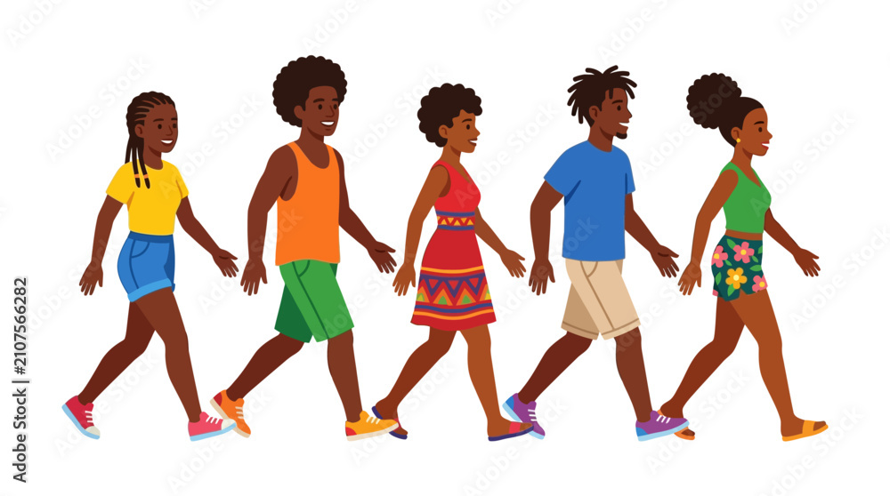 Fototapeta premium Diverse group of friends walking together happily enjoying a summer day outdoors