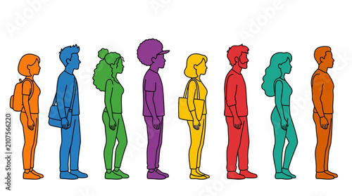 Diverse people standing in a row queue flat vector illustration profile silhouette