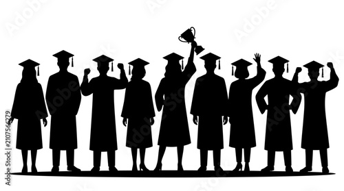 Принти на полотні Silhouette of graduating students celebrating achievement with trophy at commenc