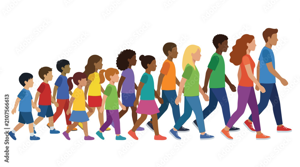 Obraz premium Diverse multi-generational group of people walking united, demonstrating community support and collective movement forward