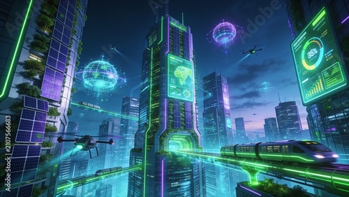 Futuristic smart city skyline glowing with advanced technology and sustainable urban innovation at night.