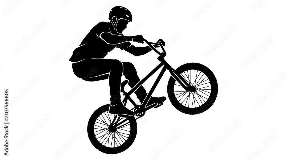 Obraz premium Silhouette of a stunt cyclist performing a trick on a BMX bike in black and white