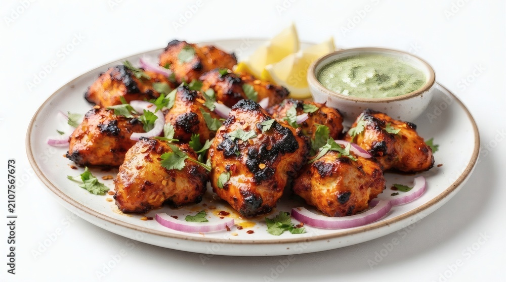 Fototapeta premium Close Up Juicy Grilled Chicken Tikka Pieces Red Orange Spice Marinade Charred
