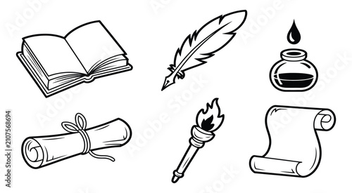 Quadro su tela Ancient tools sketch featuring historical instruments representing knowledge pow