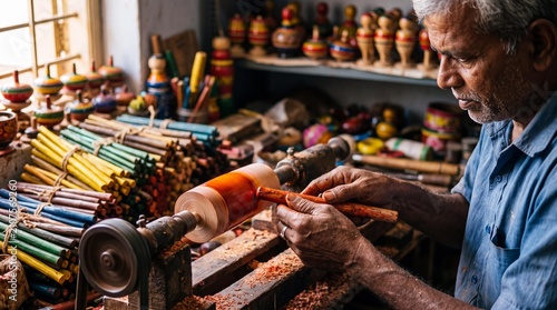 Traditional Indian artisan applying lacquer to wooden toy on a spinning lathe.