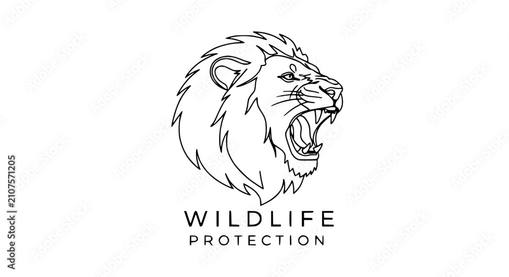 Fototapeta premium Roaring lion head logo, wildlife protection concept, minimalist line art, vector illustration