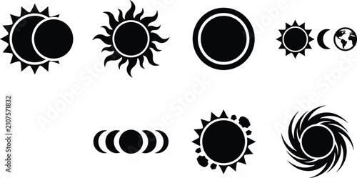 Obraz na plátně Set of black silhouette icons featuring solar eclipses, suns, moon phases, and c