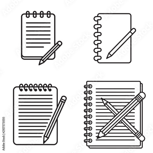 Spiral notebook and pencil line art vector icon set for writing note taking and office documentation