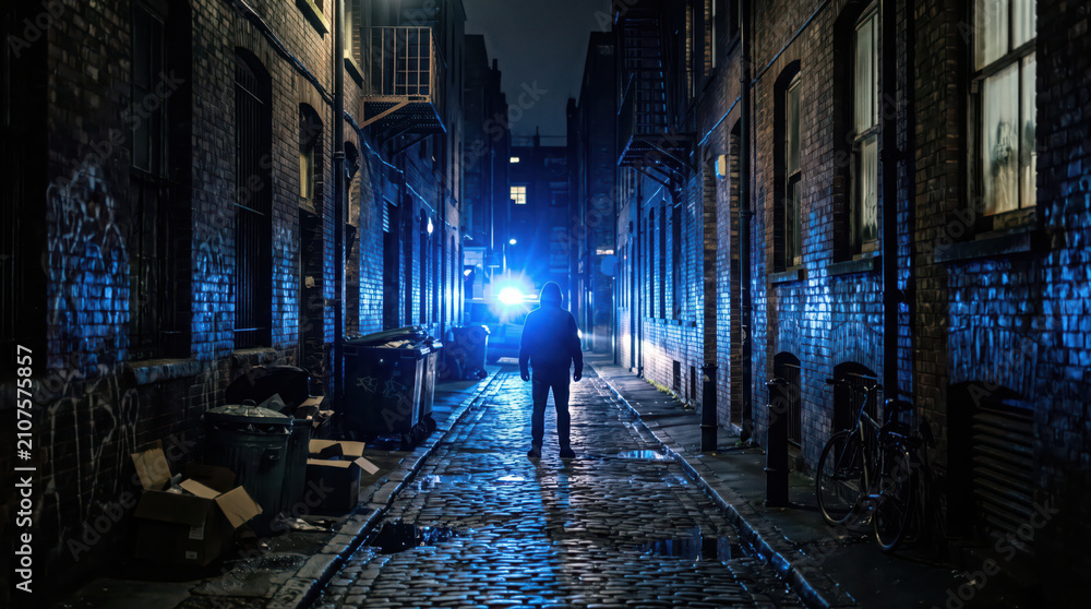 Obraz premium Hooded silhouette standing in dark alley lit by blue light.