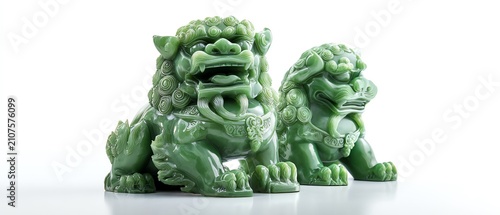Green jade guardian lions on a white background.