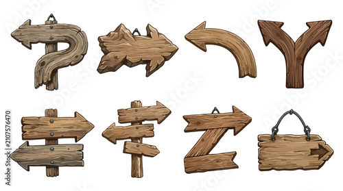 Rustic wooden arrow signs set, vintage timber directional pointers, 8 weathered wood plank navigation elements for game UI and outdoor maps