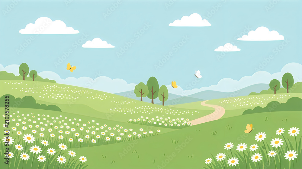 Obraz premium Pastoral landscape with rolling hills wildflowers and butterflies vector illustration