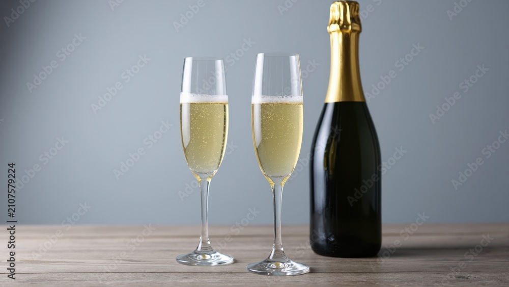 Obraz premium Champagne Celebration: Two flute glasses filled with sparkling champagne stand beside a gold-capped bottle, ready to toast a special occasion.