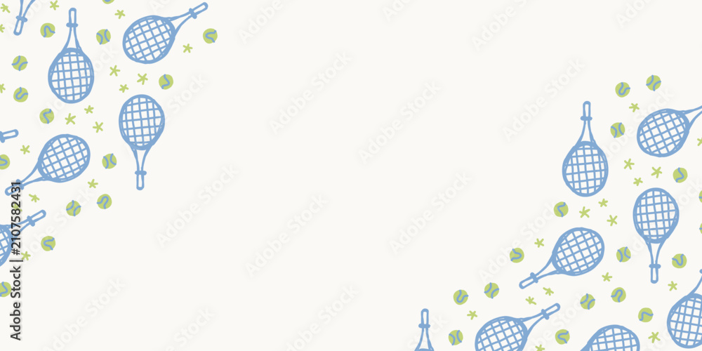 Fototapeta premium Horizontal presentation banner backdrop template with hand drawn cute tennis rackets corner design 