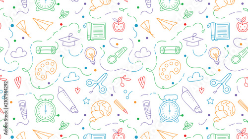Bild auf Leinwand Hand drawn seamless pattern of colorful education and school supplies doodle ico